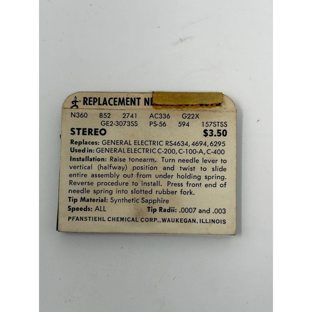 Pfanstiehl 507-SS73 Replacement Needle Synthetic Sapphire GE Stereo Phonograph - Picture 2 of 2